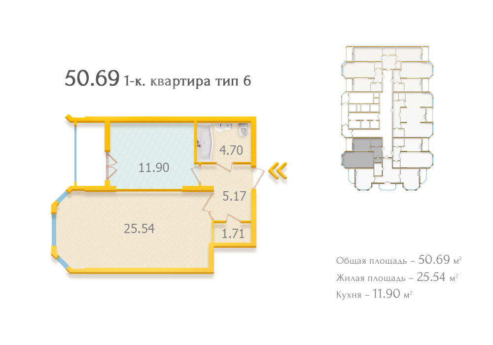 1-комнатная 50.69 м² в ЖК Аристократ от застройщика, Киев