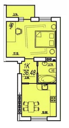 1-комнатная 36.48 м² в ЖК Материк от застройщика, пгт Великодолинское