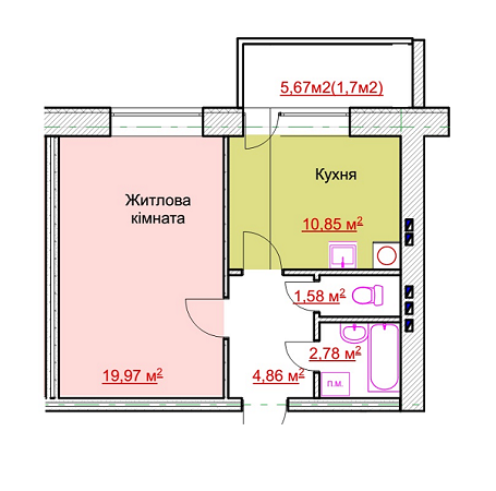 1-комнатная 45.71 м² в ЖК на ул. Европейская, 84/3 от застройщика, г. Бердичев