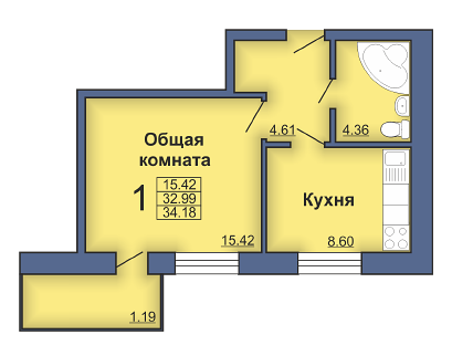 1-комнатная 34.18 м² в ЖК на ул. Героев Сталинграда, 4 от застройщика, Полтава