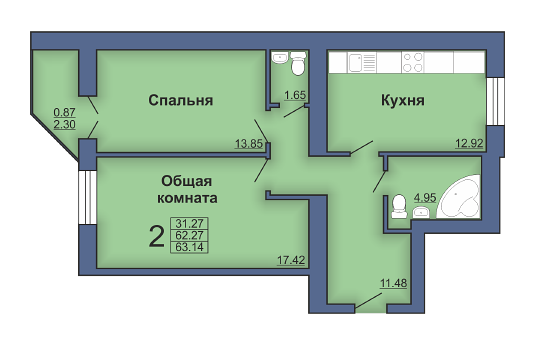 2-комнатная 63.14 м² в ЖК на ул. Героев Сталинграда, 4 от застройщика, Полтава