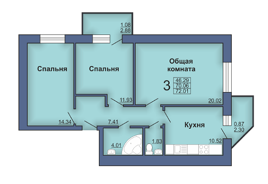 3-кімнатна 72.01 м² в ЖК на вул. Героїв Сталінграда, 4 від забудовника, Полтава
