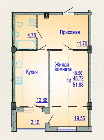 1-комнатная 51.88 м² в ЖК Виктория от застройщика, Харьков