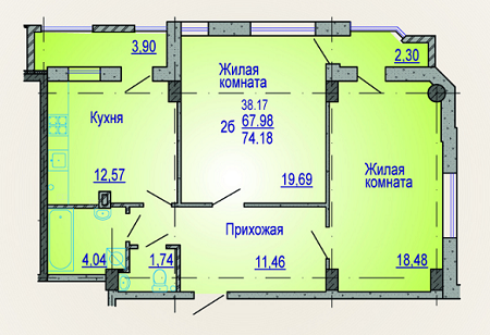 2-кімнатна 74.18 м² в ЖК Вікторія від забудовника, Харків