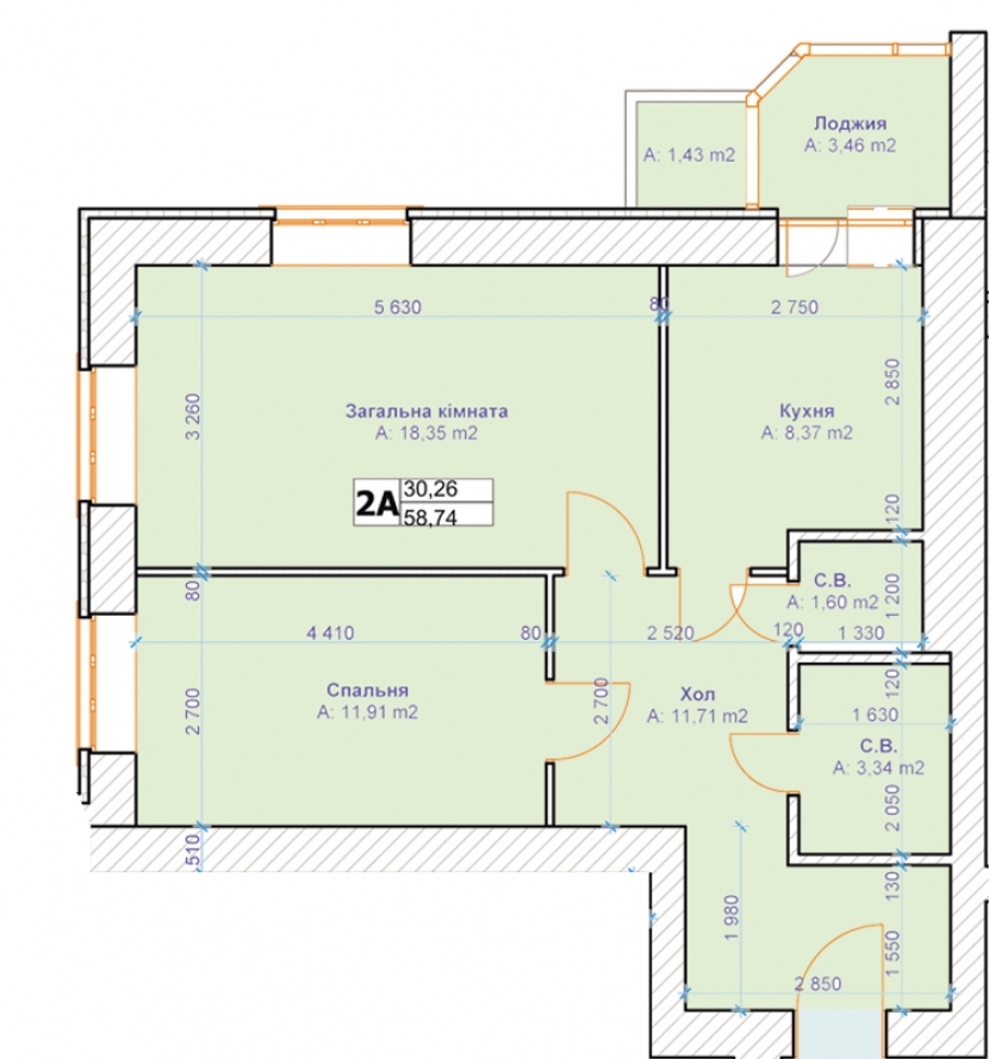 2-комнатная 58.74 м² в ЖК Квартал Буча от застройщика, г. Буча