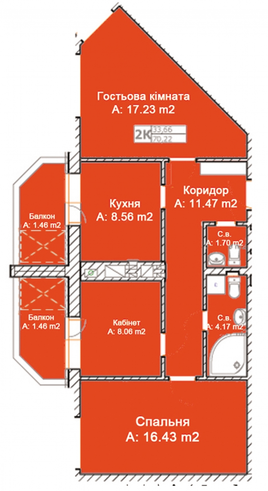 3-комнатная 70.54 м² в ЖК Квартал Буча от застройщика, г. Буча