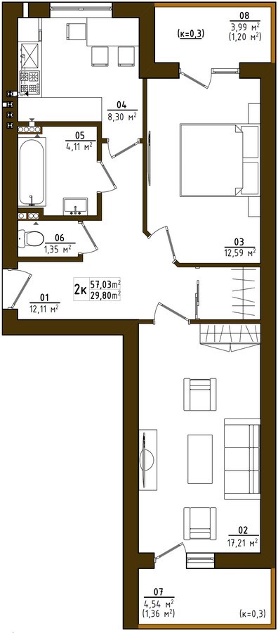 2-кімнатна 57.03 м² в ЖК Desna residence від забудовника, с. Зазим`я