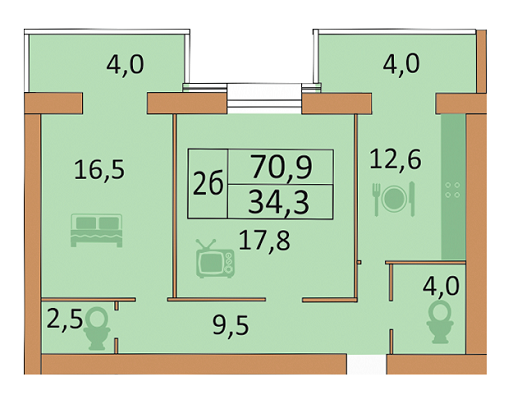 2-комнатная 70.9 м² в ЖК Семейный от застройщика, Винница