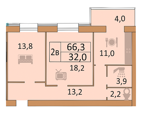 2-комнатная 66.3 м² в ЖК Семейный от застройщика, Винница