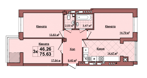 3-кімнатна 75.63 м² в ЖК Khmelnytskyi Park від 13 700 грн/м², Львів