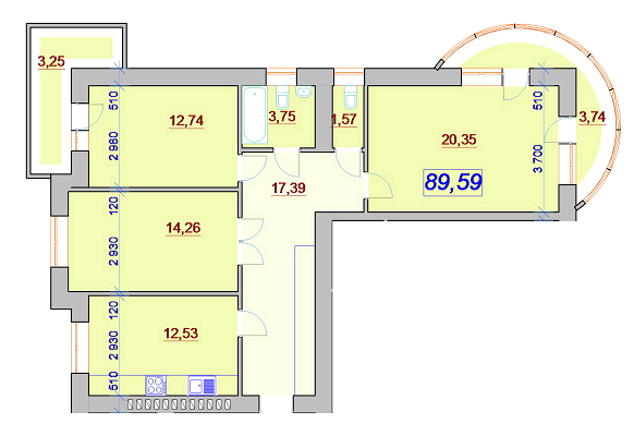 3-комнатная 89.59 м² в ЖК Red House II от застройщика, Ивано-Франковск