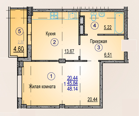 1-комнатная 48.41 м² в ЖК Одесский от 14 000 грн/м², Харьков