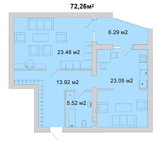 1-комнатная 72.26 м² в ЖМ Радуга от 11 800 грн/м², Винница