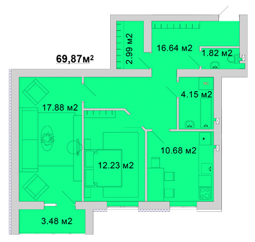 2-кімнатна 69.87 м² в ЖМ Веселка від 11 800 грн/м², Вінниця