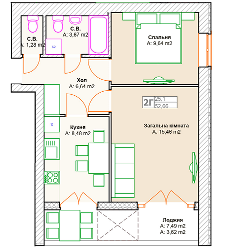 2-комнатная 52.66 м² в ЖК на ул. Довженко (Гайдара) от 13 900 грн/м², г. Ирпень