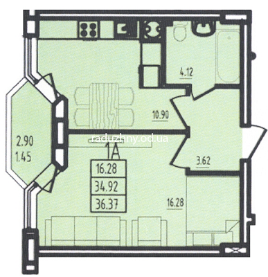 1-кімнатна 36.37 м² в ЖК Райдужний від 14 410 грн/м², Одеса