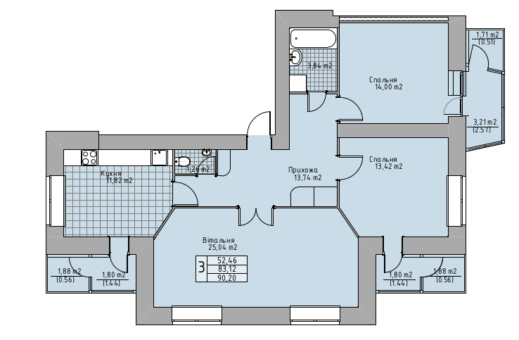 3-кімнатна 90.2 м² в ЖК Княжий від 15 000 грн/м², Тернопіль