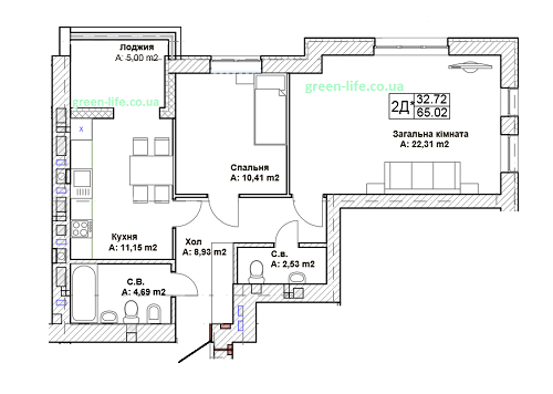 2-комнатная 65.02 м² в ЖК Green Life-3 от 14 350 грн/м², г. Ирпень