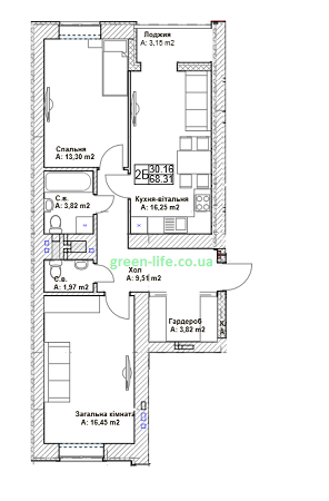 2-кімнатна 68.31 м² в ЖК Green Life-3 від 14 350 грн/м², м. Ірпінь