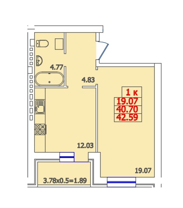 1-комнатная 42.59 м² в ЖК Молодежный от застройщика, с. Молодежное