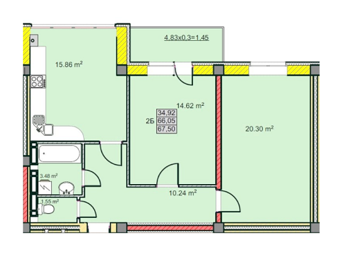 2-комнатная 67.5 м² в ЖК на ул. Казацкая, 15А от застройщика, Чернигов