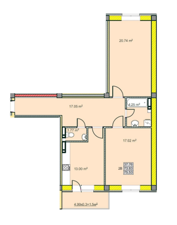 2-комнатная 75.53 м² в ЖК на ул. Казацкая, 15А от застройщика, Чернигов