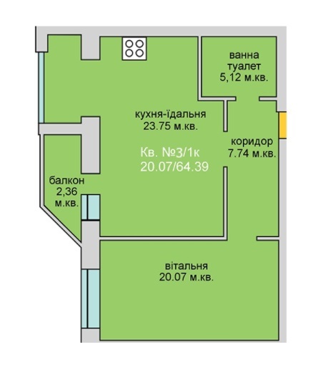 1-комнатная 64.39 м² в ЖД Липинський от 14 500 грн/м², с. Липины