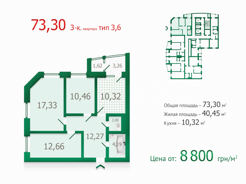 3-кімнатна 73.3 м² в ЖК Микитська Слобода від забудовника, Київ