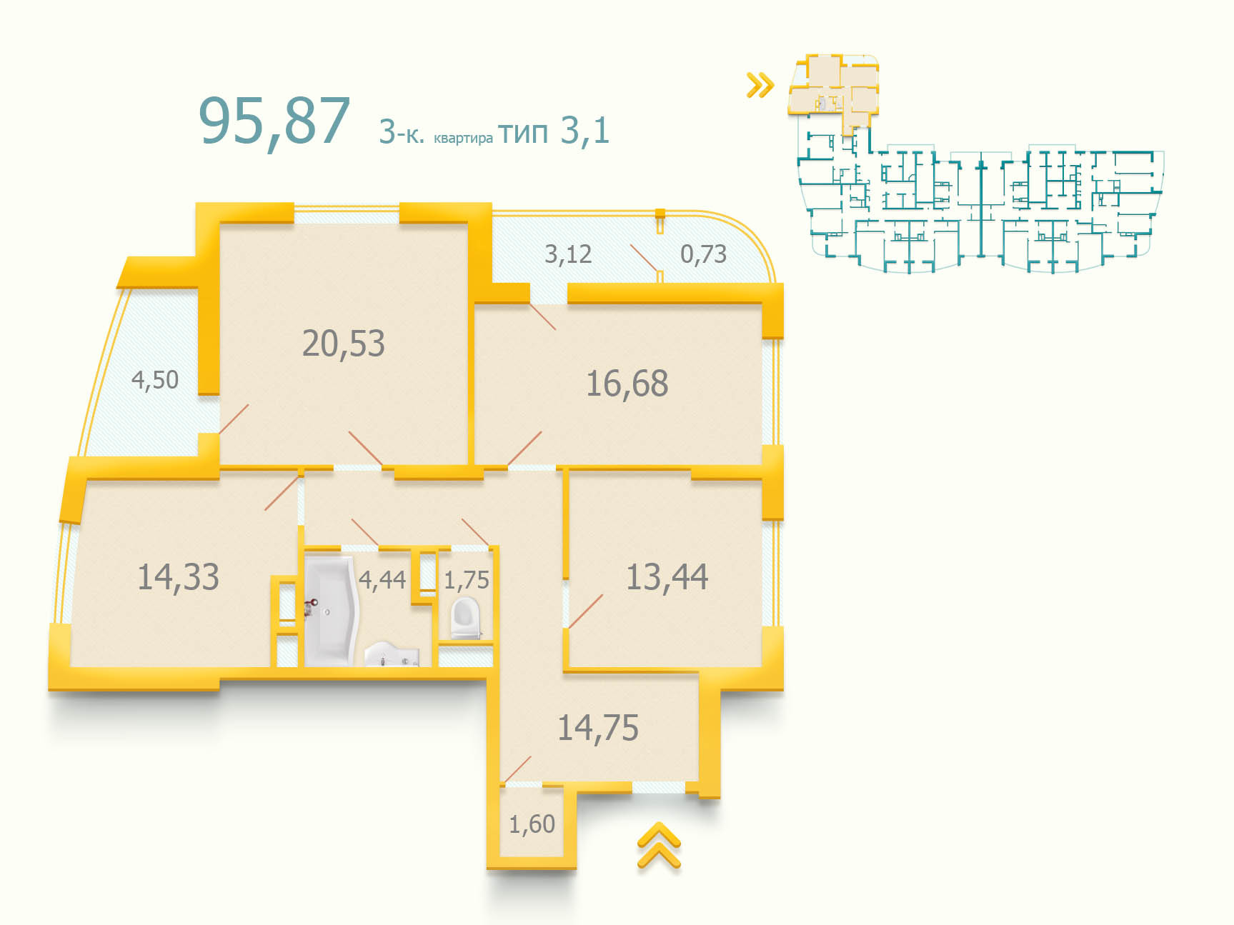 3-комнатная 95.87 м² в ЖК Лыбидь от застройщика, Киев