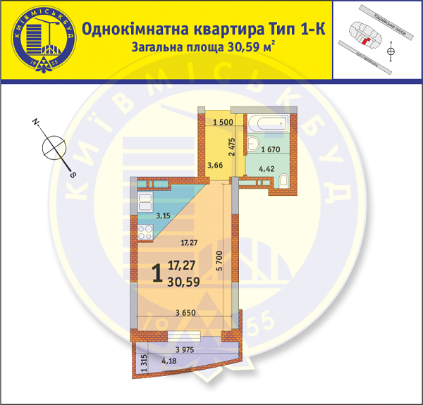 1-комнатная 30.59 м² в ЖК на ул. Горловская, 215А, 215Б, 215В от застройщика, Киев