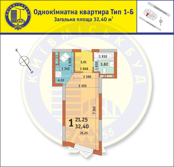 1-комнатная 32.4 м² в ЖК на ул. Горловская, 215А, 215Б, 215В от застройщика, Киев