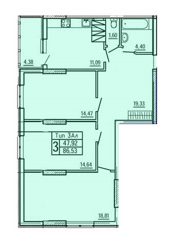 3-комнатная 86.53 м² в ЖД по пер. Тбилисский, 1/26 от застройщика, Киев