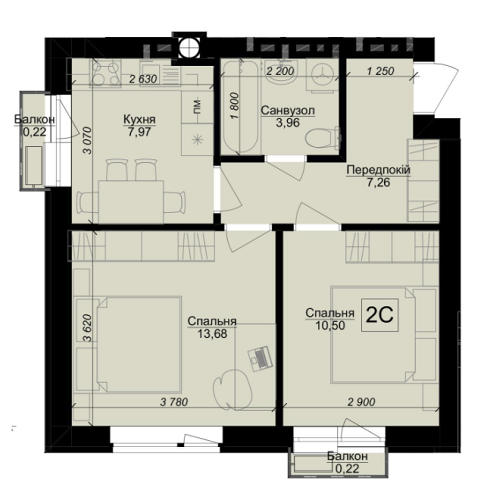 2-кімнатна 43.81 м² в ЖК Оксамитовий від 13 900 грн/м², с. Софіївська Борщагівка