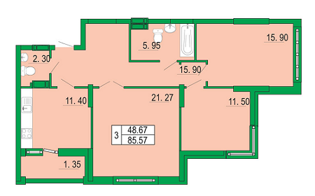 3-комнатная 86.57 м² в ЖК Венеция от застройщика, Киев