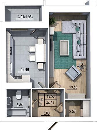 1-комнатная 46.31 м² в ЖК Гармония от 12 500 грн/м², Львов