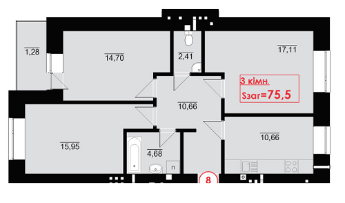 3-комнатная 75.5 м² в ЖК Галицкая Академия от застройщика, Ивано-Франковск