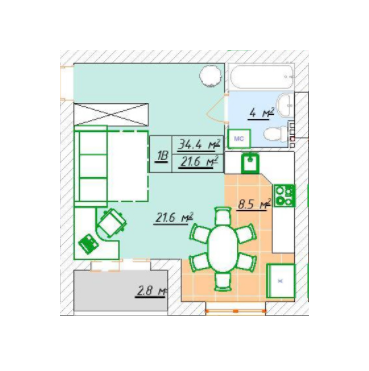 1-комнатная 34.4 м² в ЖК Зеленый Гай от застройщика, г. Обухов