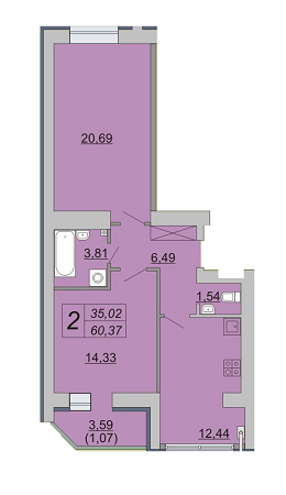 2-комнатная 60.37 м² в ЖК Зеленый массив от застройщика, Луцк