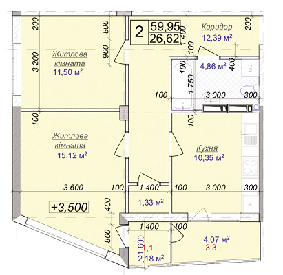 2-кімнатна 59.95 м² в ЖК Діамант від 11 500 грн/м², м. Бровари