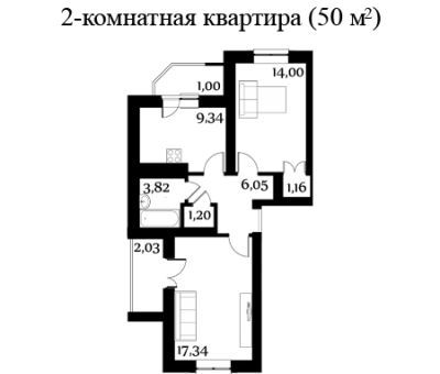 2-комнатная 50 м² в ЖК Молодежный городок от застройщика, с. Крюковщина