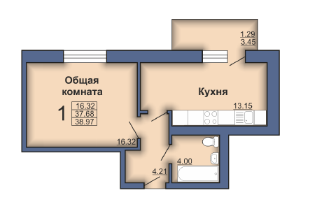 1-комнатная 38.97 м² в ЖК по бул. Маршала Конєва, 1б от застройщика, Полтава