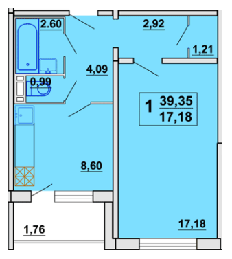 1-комнатная 39.35 м² в ЖК на ул. Гвардейская, 17 от застройщика, с. Шевченково