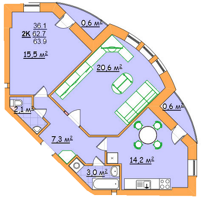 2-комнатная 63.9 м² в ЖК на ул. Джона Леннона, 37 от застройщика, Львов