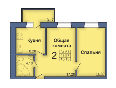 2-комнатная 45.16 м² в ЖК на ул. Красина, 65А от застройщика, Полтава