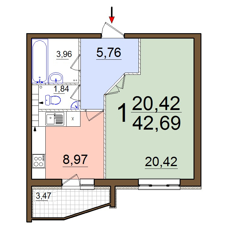 1-комнатная 42.69 м² в ЖК на ул. Симона Петлюры (Черняховского), 36, 36А, 36Б от застройщика, г. Бровары