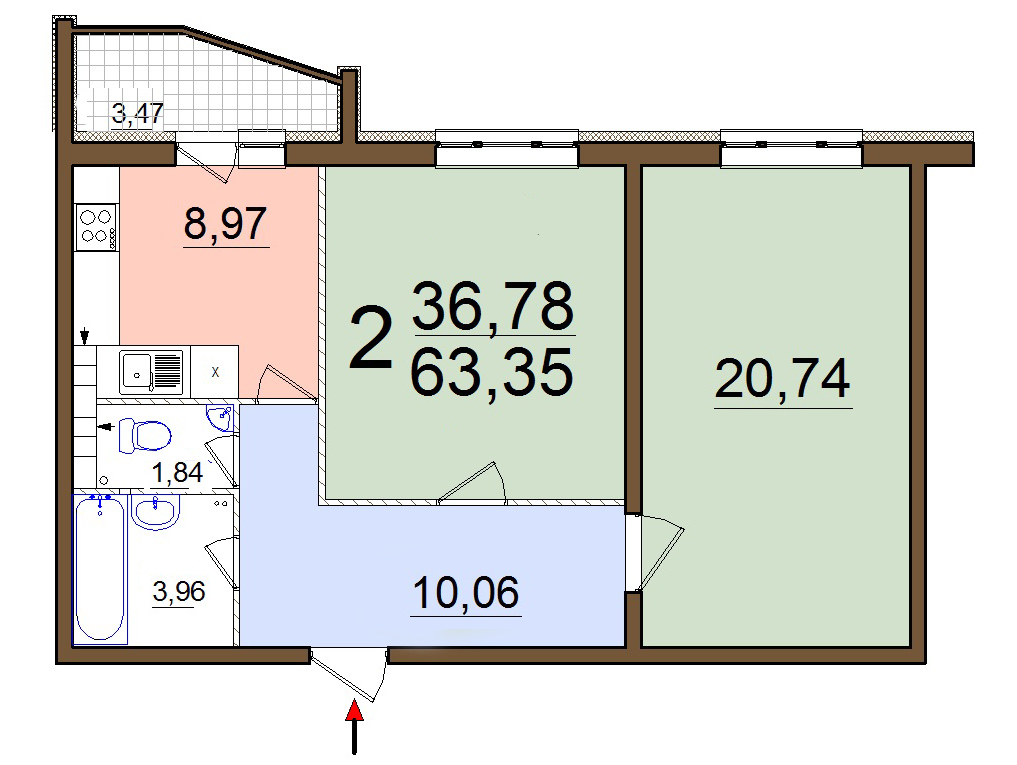 2-комнатная 63.35 м² в ЖК на ул. Симона Петлюры (Черняховского), 36, 36А, 36Б от застройщика, г. Бровары