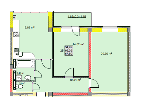 2-комнатная 67.5 м² в ЖК на ул. Текстильников, 26, 26/2 от застройщика, Чернигов