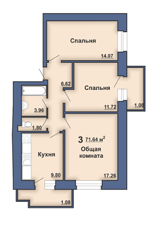 3-кімнатна 71.64 м² в ЖК на вул. Вузька, 7А від забудовника, Полтава