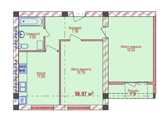 2-комнатная 56.97 м² в ЖК Парковый от 14 750 грн/м², Ужгород