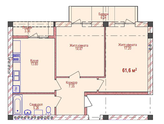 2-комнатная 61.6 м² в ЖК Парковый от 14 750 грн/м², Ужгород